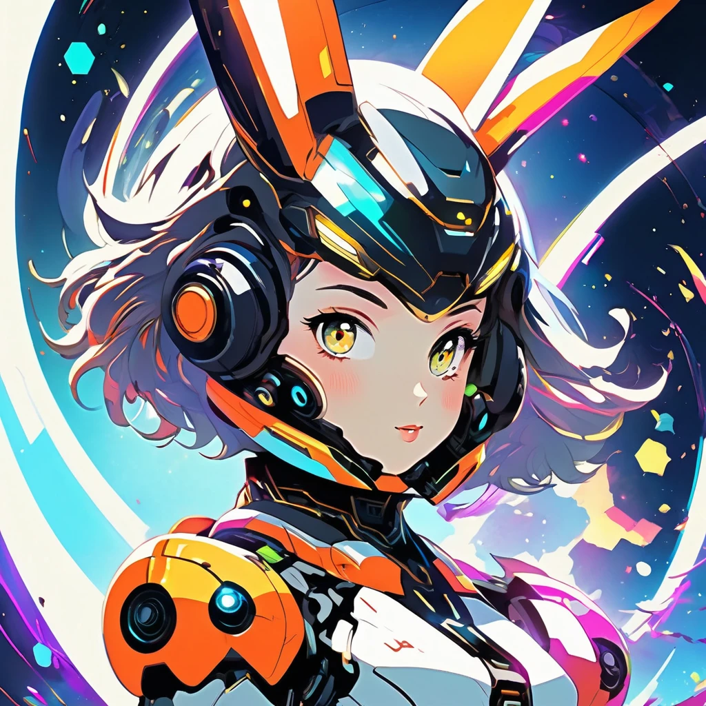 1girl, wink, short hair, dressed with futuristic suit, robotic rabbit ears ,v pose ,space in background, detail richness, masterpiece, best quality, explosion of flashy colors