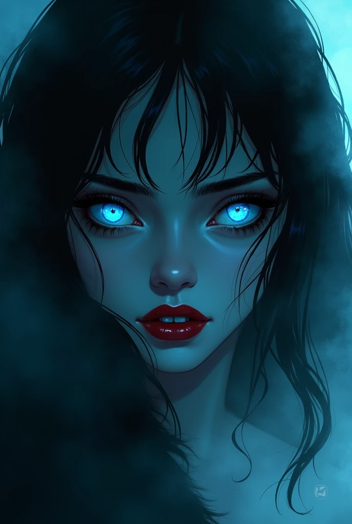 fantasy comic art ((a female vampire's pair of glowing blue eyes shines)) close up picture, (((the fog hides the face))),  red lips, (vampire fangs: 1.3), (blood) you see only the glowing eyes , you see only the pair of eyes, fantasy dark alley background, the fog fills the alley, you see only the glowing eyes 