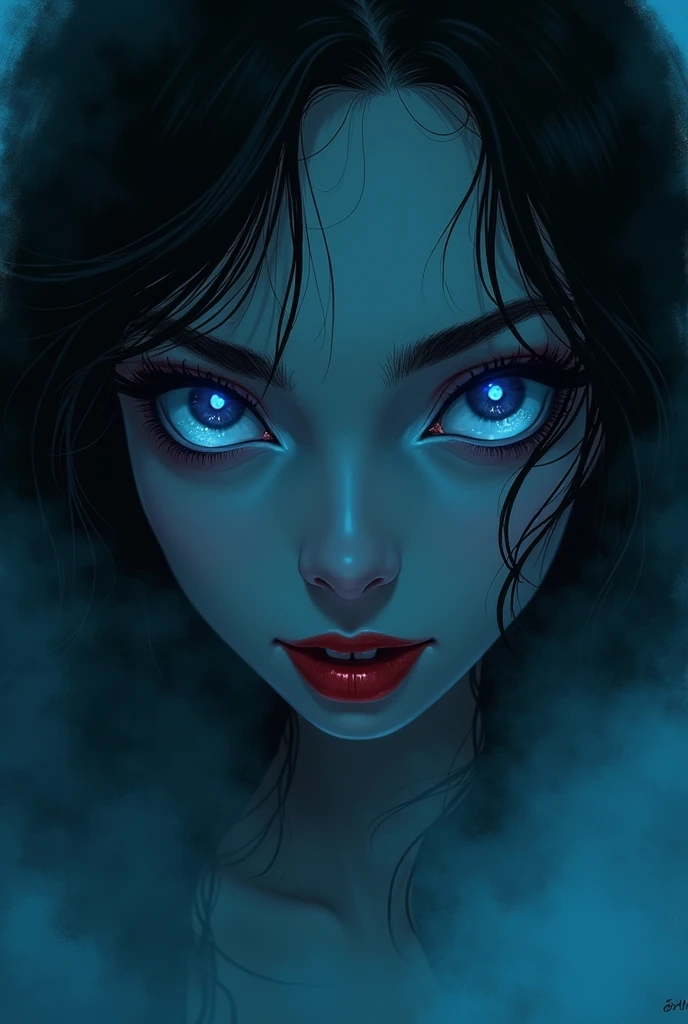 fantasy comic art ((a female vampire's pair of glowing blue eyes shines)) close up picture, (((the fog hides the face))), red lips, (vampire fangs: 1.3), (blood) you see only the glowing eyes , you see only the pair of eyes, fantasy dark alley background, the fog fills the alley, you see only the glowing eyes