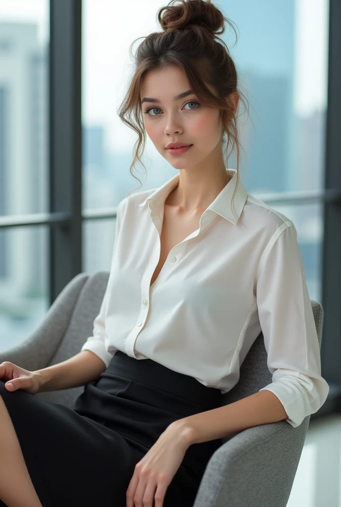 "A photorealistic full-body image of a beautiful young woman, named Emily, with slightly darker brown hair styled in a casual, messy bun. She has striking blue eyes and fair skin. Emily is seated sideways on a chair in a modern office environment. She is wearing a white blouse tucked into a fitted black skirt. Her posture is poised yet relaxed, with her upper body slightly leaning forward as if she is engaged in a conversation. One of her hands is resting on her knee while the other is subtly gesturing, emphasizing her engagement in the conversation. The chair she is seated on is modern, with clean lines, and the background features large windows with a cityscape view, softly blurred to keep the focus on Emily. The lighting is soft and natural, highlighting her professional yet approachable demeanor."