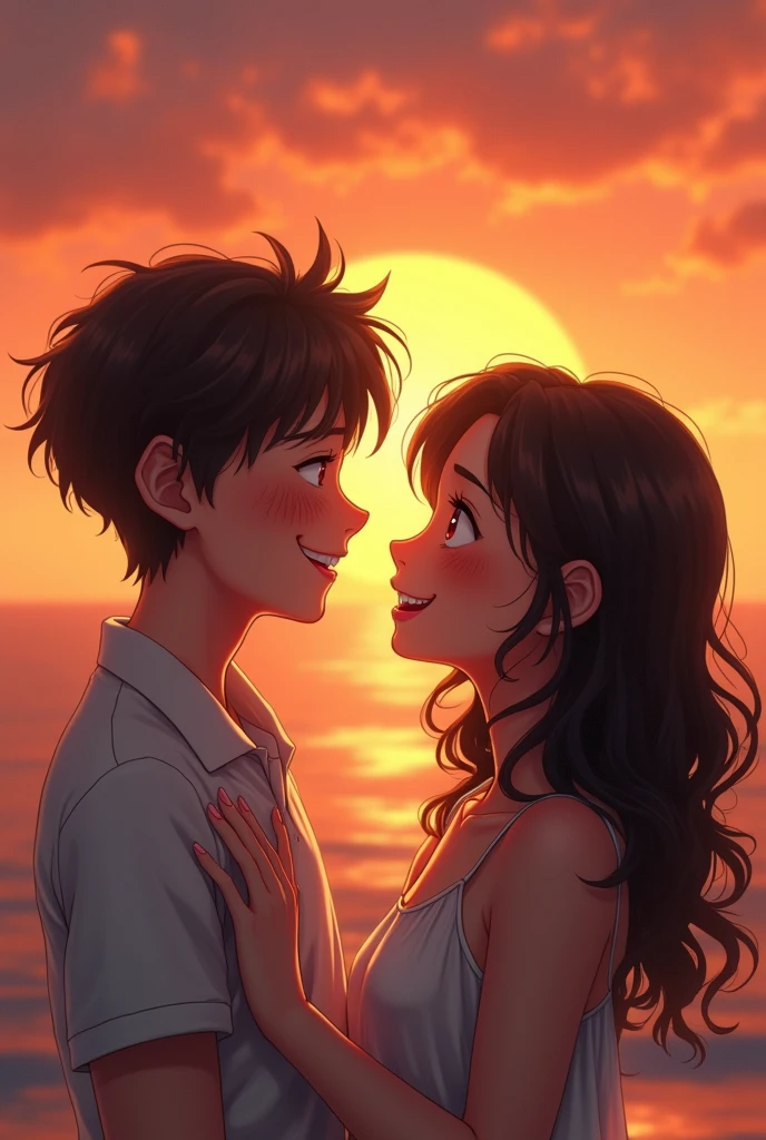 photorealism gave me anime, a boy with freckles and medium dark brown hair, with pointed fangs while smiling with a brunette girl with dark brown curly hair half laughing with him and red cheeks of both because they are in love in a beautiful sunset