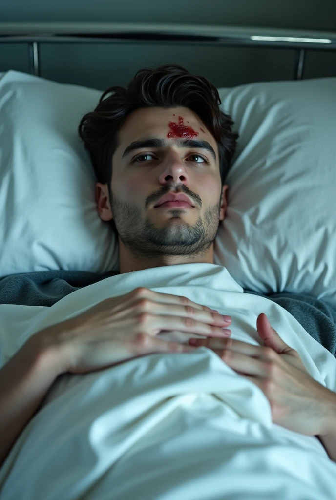 Make a pic of normal white handsome boy in Pakistan laying in hospital bed with white blanket and his face is under blanket having head and hads injury with some wounds and bleeding
