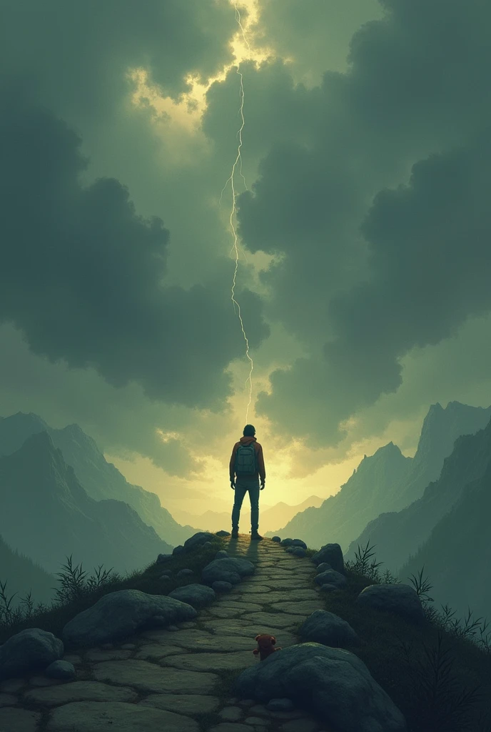 Title: “Through the storm”
Description:
bottom: A sky of gray and cloudy tones, symbolizing confusion and the feeling of being overwhelmed. The clouds are dense and heavy, conveying the feeling of emotional burden.
In the middle: A human figure, backwards, she is standing on top of a hill or mountain. The figure has a posture of exhaustion, with her shoulders slumped and her head slightly tilted down, but also with a slight gesture of determination in her posture. The figure is dressed in simple clothes and her hair is flowing in the wind, symbolizing vulnerability and struggle.
around the figure: There is a mixture of small rays of light that pierce through the clouds, suggesting hope and the possibility of a brighter future. These rays of light are directed towards the figure, symbolizing the inner strength and hope that the person has to keep going.
on the floor: Winding paths and rocks can be seen, that represent the challenges and difficult decisions. However, there are signs of clear paths that suggest there is a way out, who with effort and courage, the path can become clearer.
Additional Details: maybe, some subtle elements like a small teddy bear or a notebook with notes, to echo the personal projects and dreams you mentioned. These details may be partially hidden on the hill or near the figure, representing the dreams and aspirations that you still pursue.
colors: Use a color palette that combines shades of gray with touches of blue and green for the background, and adds details in golden and warm tones for the rays of light. This creates a contrast between difficulty and hope.