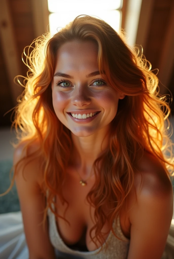 professional photographic shot of a beautiful woman, she has slightly wavy long ginger hair, her green eyes shining with reflection of light, she sitting on attic, sunshine comes inside from single square window, she smiling to the viewer, slightly tilted head, pastel bokeh effect, depth of field, subsurface light scattering, backlighting, dark ambient.