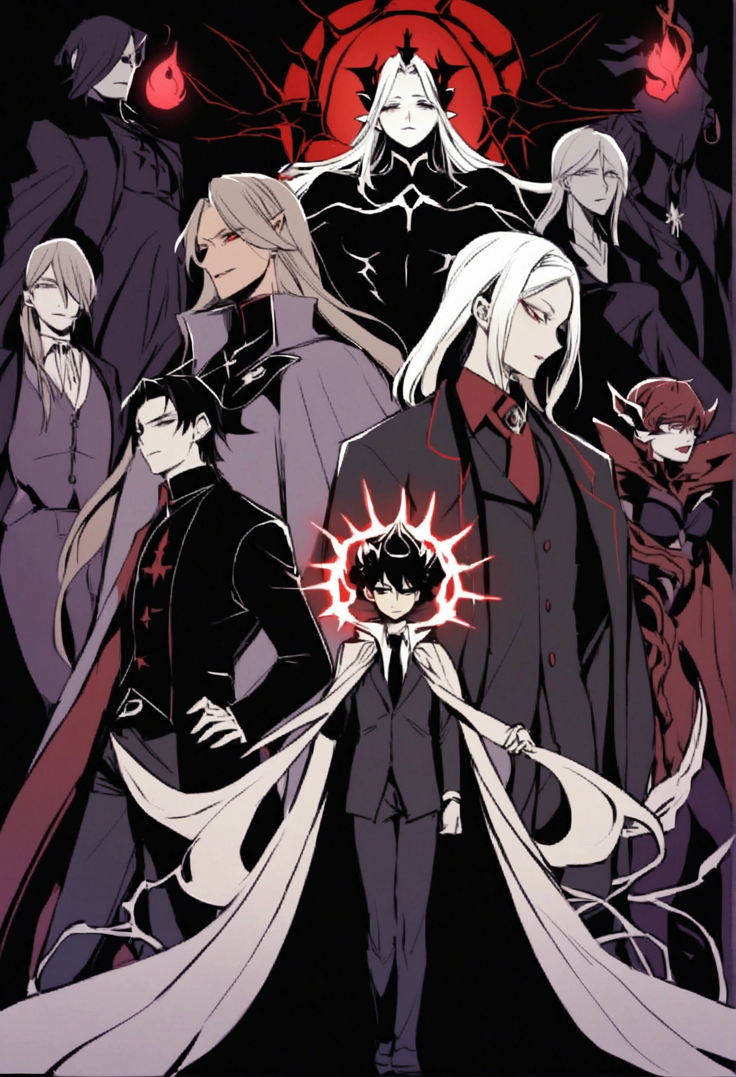 A team of colleagues: A demon with the crown of hell, a young man with the power of darkness who controls illusory branches and tentacles, a half-angel, half-demon man who possesses the beauty of Lucifer, but who shows imposing power, a short boy with an innocent and fragile face but who is the extremely powerful leader of the organization, and other supporting characters with their respective powers and peculiarities.