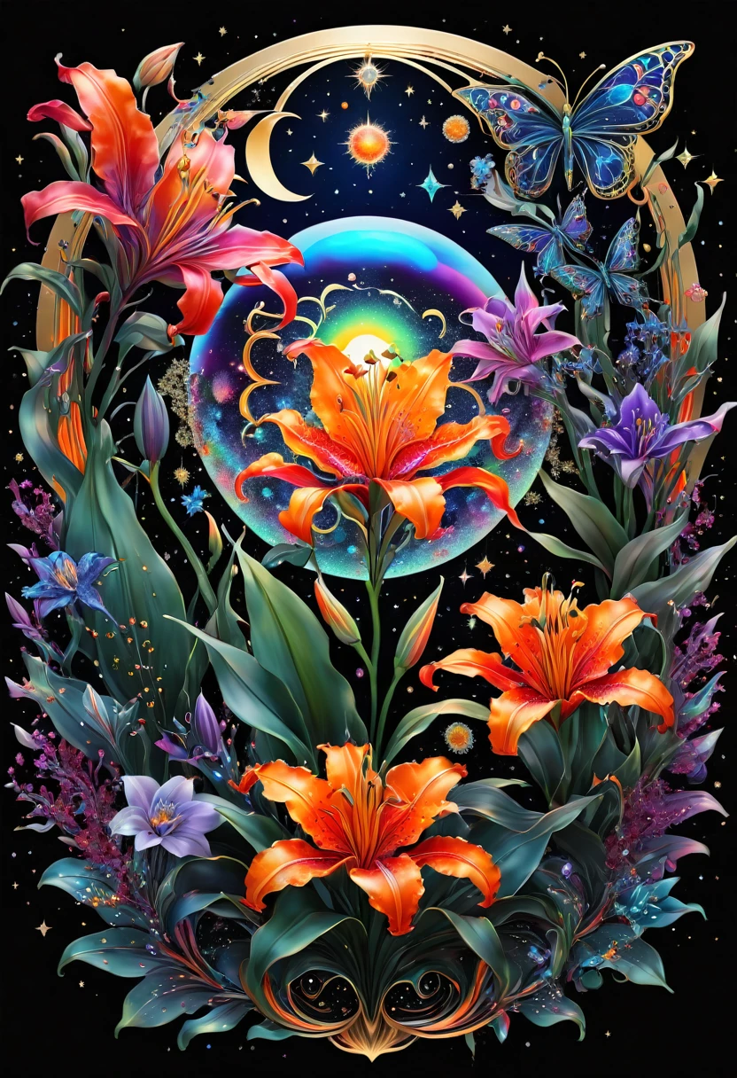 a deep black cosmic backdropStars Planets Suns and Moons Colorful Paint Splash Cute glitter vector graphic design featuring intricate and complex symbols with the ethereal beauty of a celestial palace known as the Galactic Citadel, bathed in brilliant light.The Neon Bioluminescent colors Cosmic Black, icy Red,14 kt solid Gold color. Create a fusion of These symbols,Fiery pink roses, bioluminescent neon blue, orange green lilies, fiery bioluminescent Red rubies, purple and white diamonds with lots of violet sapphires and emeralds butterflies and bees--ar 16:9 --style raw --stylize 400 *