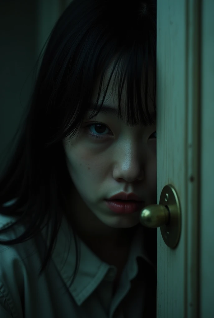 He takes 5: Door - Close-up

Framing: Close-up of the door, with loud knocks resonating. MINA approaches the lock with a trembling expression.
action: MINA puts her eye on the keyhole, then he walks away trembling.