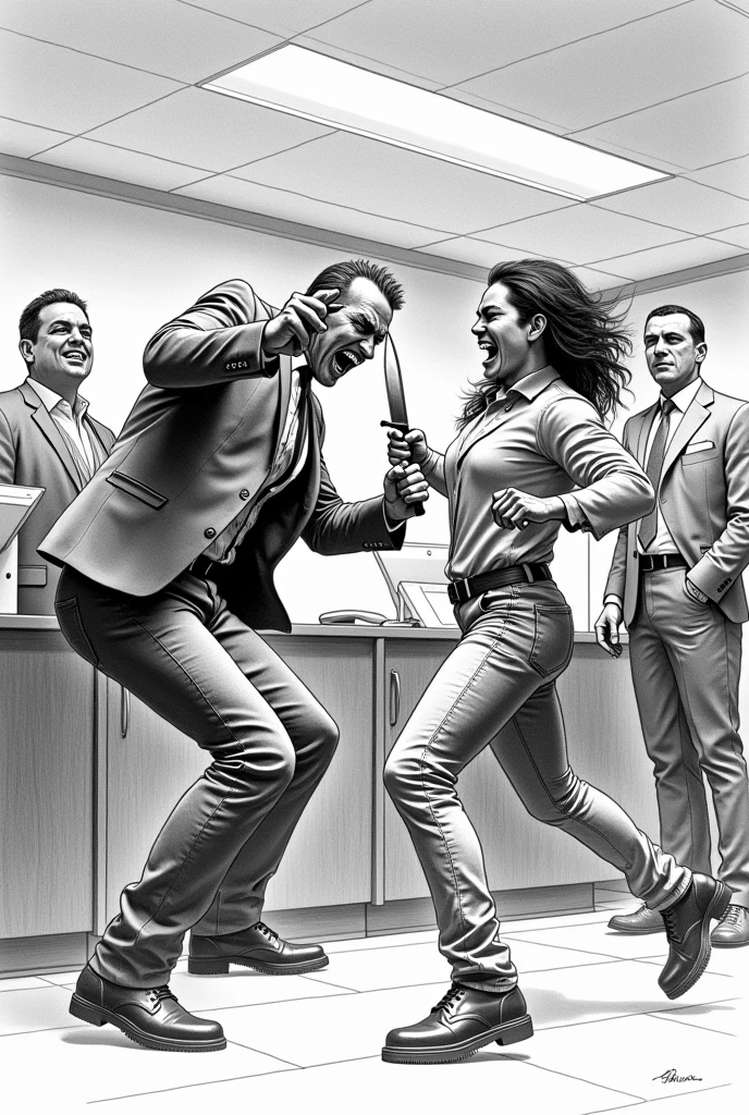 Generate a drawing of five people in an office, three men and two women, Two of them are fighting with knives and the other three are cheering them on.