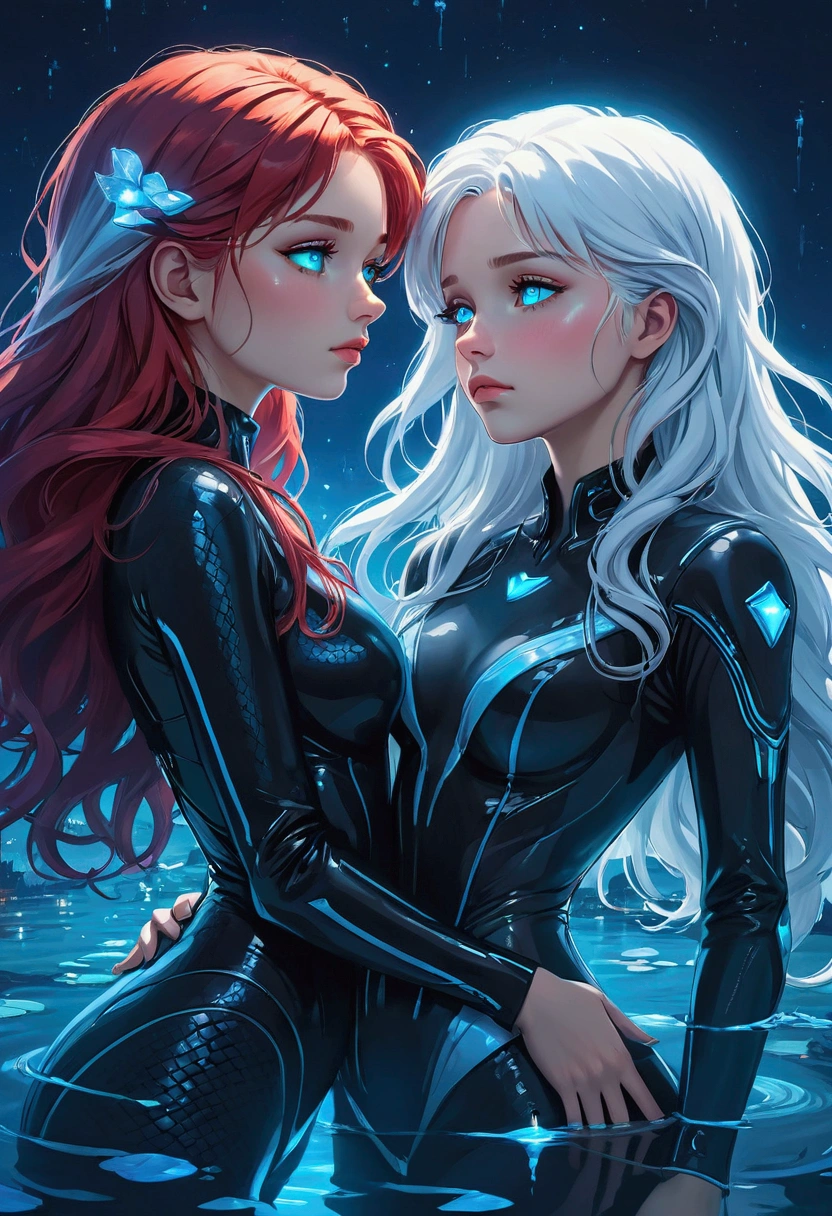 ((best quality)), ((masterpiece)), (detailed), (total body), perfect face, two beautiful woman the first has white long hair and a sky blue reflection, she has a tufted fringe, she has sky blue eyes, she has total black cyber suit clothes with some neon sky blue lights on it, cyber line on her face, she is sad, she is lying on the water in a pond, in the night with skyblue lights, total body. The second woman is in the water she is a mermaid with red hair and blue eyes, she want to kiss the girl with white hair. Two girls.