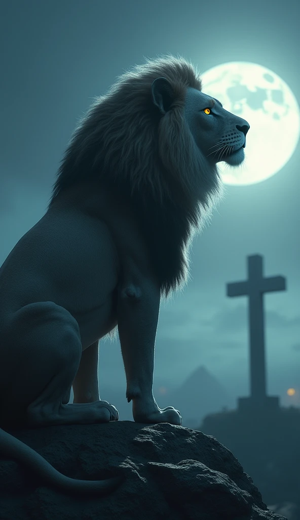 Generate an ultra realistic 8k image of a strong robust Lion looking at the cross at Calvary.. the moonlight