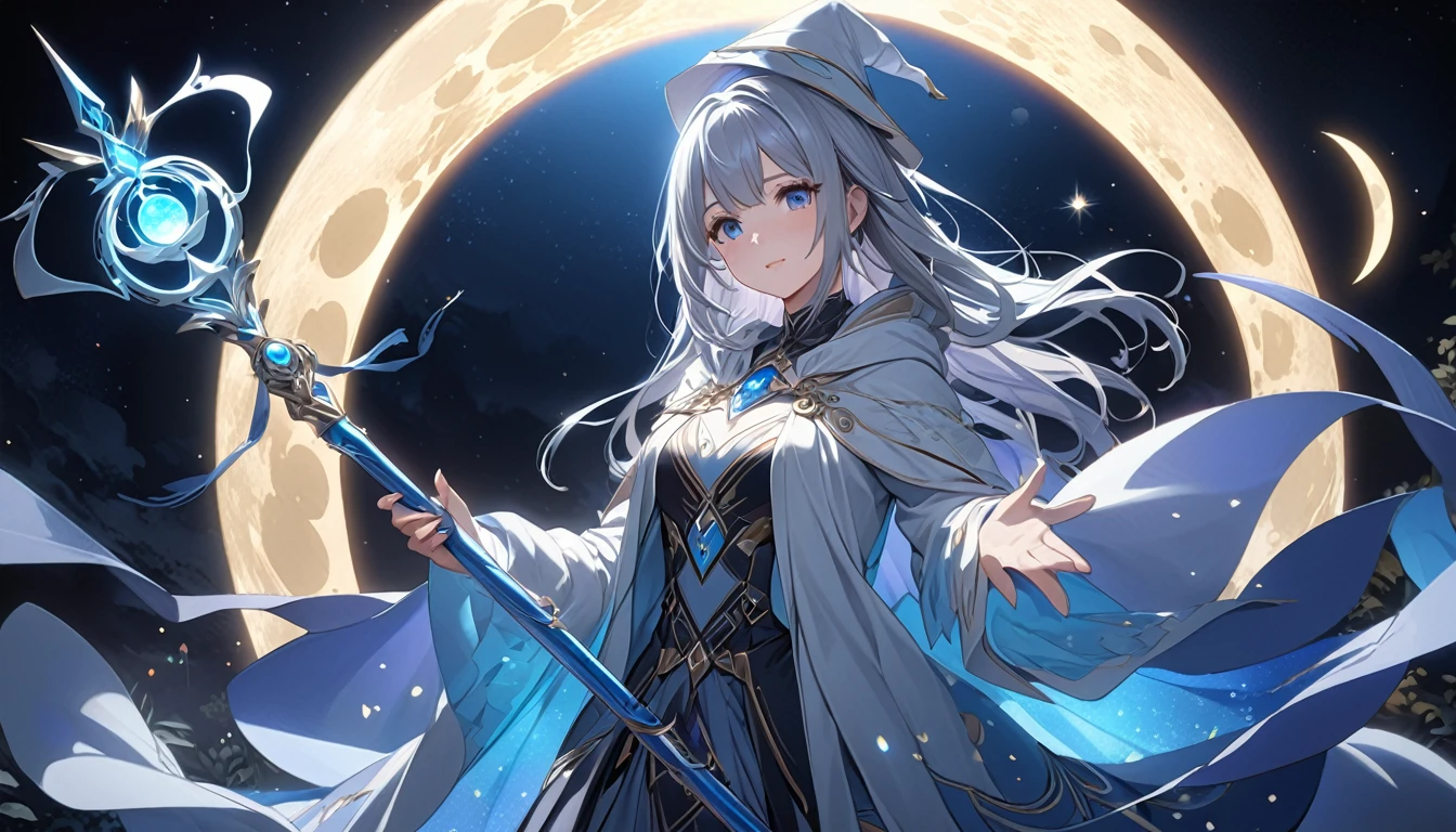 **268. One person。Moon Witch。She controls the moon's light that shines in the night sky。Cowboy shot or close-up。
masterpiece, best quality, ultra detailed (Detailed fingers), (Emotional), (Breathtakingly beautiful),
(main part: 1.2 Whole body。), (Anime Style), (Very detailed), (Moonlight magic),
(超High resolution, High resolution), (8k), (High resolution: 1.2), (Complex and beautiful: 1.2)**
- background: Night sky with twinkling stars、A scene where a radiant full moon emerges。
- Witch: Young woman, around 18 years old、Wearing a robe cloaked in moonlight、A glowing magic staff in her hand。
-pose: Raise your staff high、The moment she calls upon the moonlight。
-expression: Mysterious and calm、A confident expression that embodies controlling the power of the moon。
- Effects: Moonlight transforms into magical light、A fantastic effect illuminating the surroundings。
-color: Silver and Blue、Hues symbolizing the coldness of night and the brilliance of the moon。