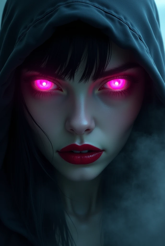 fantasy comic art ((a female vampire's pair of glowing pink eyes shines)) close up picture, (((the fog hides the face))), red lips, vampire fangs, you see only the glowing eyes , you see only the pair of eyes, fantasy dark alley background, the fog fills the alley, you see only the glowing eyes