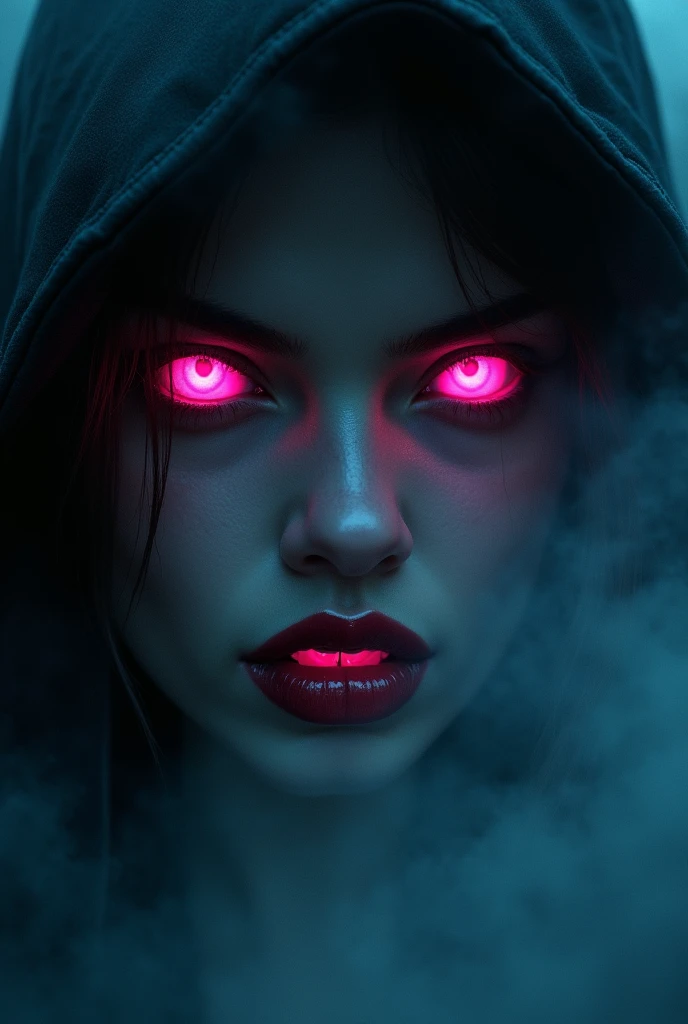 fantasy comic art ((a female vampire's pair of glowing pink eyes shines)) close up picture, (((the fog hides the face))), red lips, vampire fangs, you see only the glowing eyes , you see only the pair of eyes, fantasy dark alley background, the fog fills the alley, you see only the glowing eyes