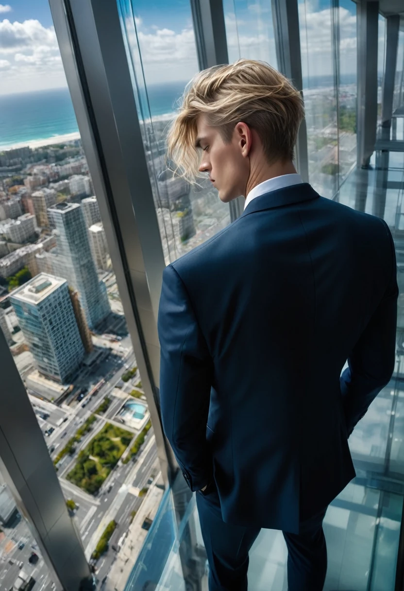 blond man in suit, Beautiful, virile body, Coast, analyzing the street through the entire glass wall at the top of the last floor of a skyscraper