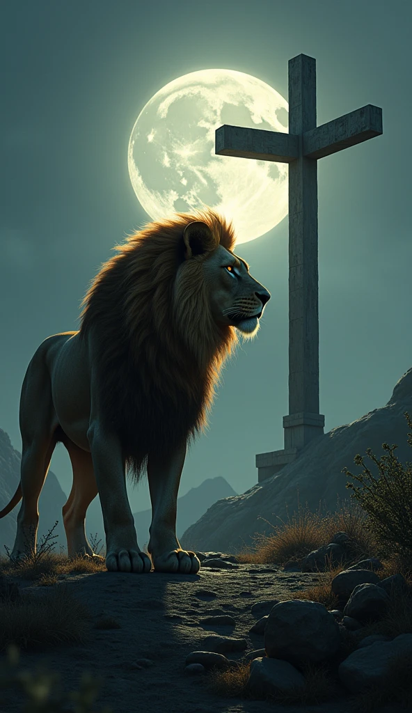 Generate an ultra realistic 8k image of a strong robust Lion looking at the cross at Calvary.. the moonlight