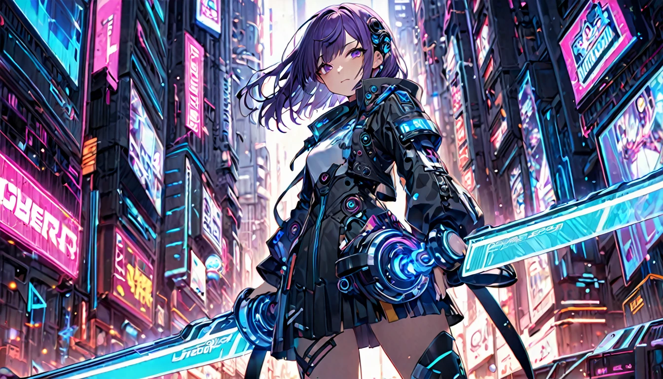 **269. One person。protector of the digital world。cyber punkな都市を守る。Cowboy shot or close-up。  
masterpiece, best quality, ultra detailed (Detailed fingers), (Emotional), (Breathtakingly beautiful),  
(main part: 1.2 Whole body。), (Anime Style), (Very detailed), (cyber punk),  
(超High resolution, High resolution), (8k), (High resolution: 1.2), (Complex and beautiful: 1.2)**
- background: ネオンが輝くcyber punkな都市、futuristic scenery with holographic advertisements。
- Guardian: Young woman, around 18 years old、clad in digital armor、wielding a cyber sword。
-pose: Hovering above the city、the moment he stands ready to face the enemy with his cyber sword。
-expression: with a face full of strength and determination、a sense of determination to protect the city。
- Effects: digital energy emanating from the cyber sword and、effects of intersecting holographic lights。
-color: Neon blue and purple、color schemes symbolizing the atmosphere of a futuristic city。
