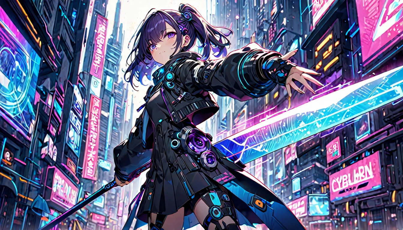 **269. One person。protector of the digital world。cyber punkな都市を守る。Cowboy shot or close-up。
masterpiece, best quality, ultra detailed (Detailed fingers), (Emotional), (Breathtakingly beautiful),
(main part: 1.2 Whole body。), (Anime Style), (Very detailed), (cyber punk),
(超High resolution, High resolution), (8k), (High resolution: 1.2), (Complex and beautiful: 1.2)**
- background: ネオンが輝くcyber punkな都市、futuristic scenery with holographic advertisements。
- Guardian: Young woman, around 18 years old、clad in digital armor、wielding a cyber sword。
-pose: Hovering above the city、the moment he stands ready to face the enemy with his cyber sword。
-expression: with a face full of strength and determination、a sense of determination to protect the city。
- Effects: digital energy emanating from the cyber sword and、effects of intersecting holographic lights。
-color: Neon blue and purple、color schemes symbolizing the atmosphere of a futuristic city。