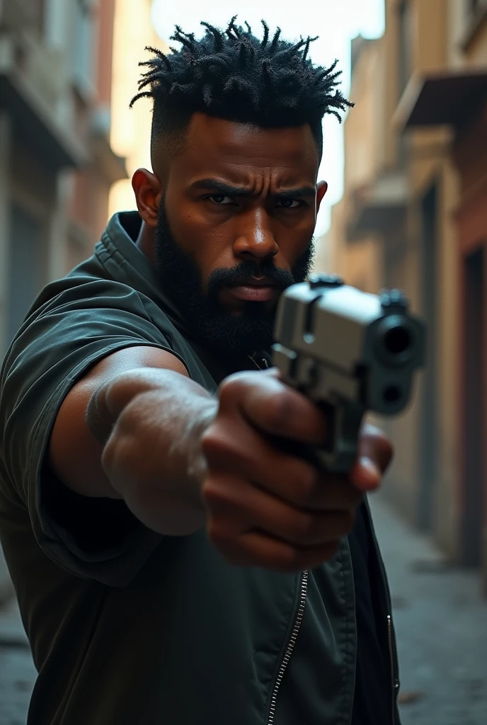 Create a young Black character with a beard holding a gun.