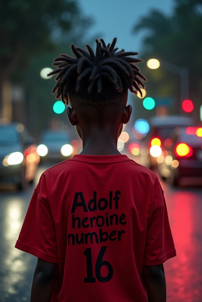 An African boy having dreads wearing a red shirt written  Adolf heroin number 16 behind of the shirt 
standing on the street at night while cars are moving 
