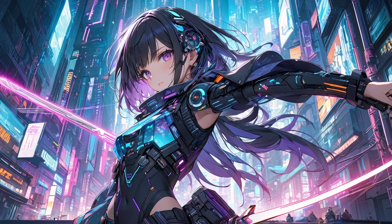 **269. One person。protector of the digital world。cyber punkな都市を守る。Cowboy shot or close-up。
masterpiece, best quality, ultra detailed (Detailed fingers), (Emotional), (Breathtakingly beautiful),
(main part: 1.2 Whole body。), (Anime Style), (Very detailed), (cyber punk),
(超High resolution, High resolution), (8k), (High resolution: 1.2), (Complex and beautiful: 1.2)**
- background: ネオンが輝くcyber punkな都市、futuristic scenery with holographic advertisements。
- Guardian: Young woman, around 18 years old、clad in digital armor、wielding a cyber sword。
-pose: Hovering above the city、the moment he stands ready to face the enemy with his cyber sword。
-expression: with a face full of strength and determination、a sense of determination to protect the city。
- Effects: digital energy emanating from the cyber sword and、effects of intersecting holographic lights。
-color: Neon blue and purple、color schemes symbolizing the atmosphere of a futuristic city。