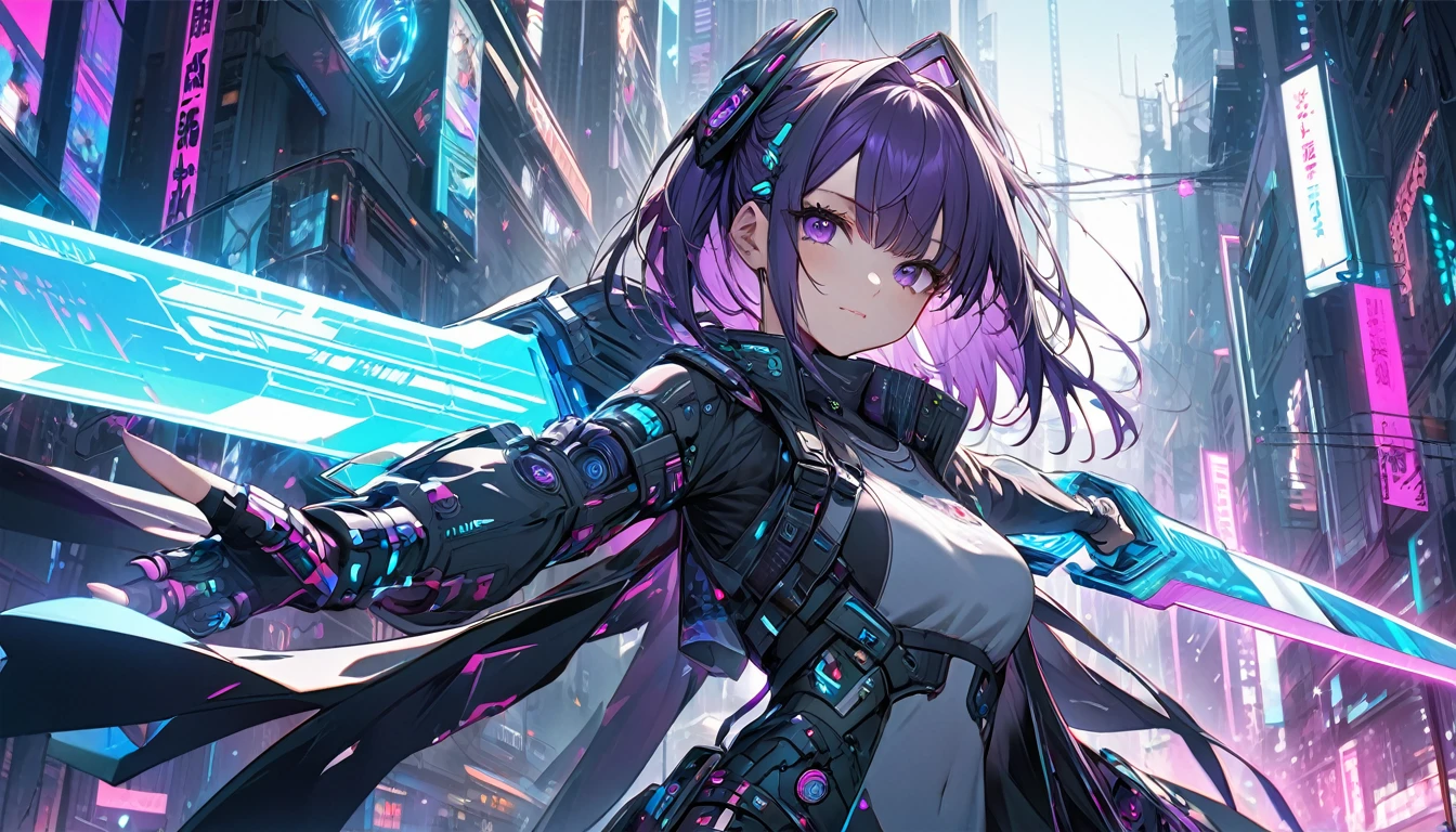 **269. One person。protector of the digital world。cyber punkな都市を守る。Cowboy shot or close-up。
masterpiece, best quality, ultra detailed (Detailed fingers), (Emotional), (Breathtakingly beautiful),
(main part: 1.2 Whole body。), (Anime Style), (Very detailed), (cyber punk),
(超High resolution, High resolution), (8k), (High resolution: 1.2), (Complex and beautiful: 1.2)**
- background: ネオンが輝くcyber punkな都市、futuristic scenery with holographic advertisements。
- Guardian: Young woman, around 18 years old、clad in digital armor、wielding a cyber sword。
-pose: Hovering above the city、the moment he stands ready to face the enemy with his cyber sword。
-expression: with a face full of strength and determination、a sense of determination to protect the city。
- Effects: digital energy emanating from the cyber sword and、effects of intersecting holographic lights。
-color: Neon blue and purple、color schemes symbolizing the atmosphere of a futuristic city。