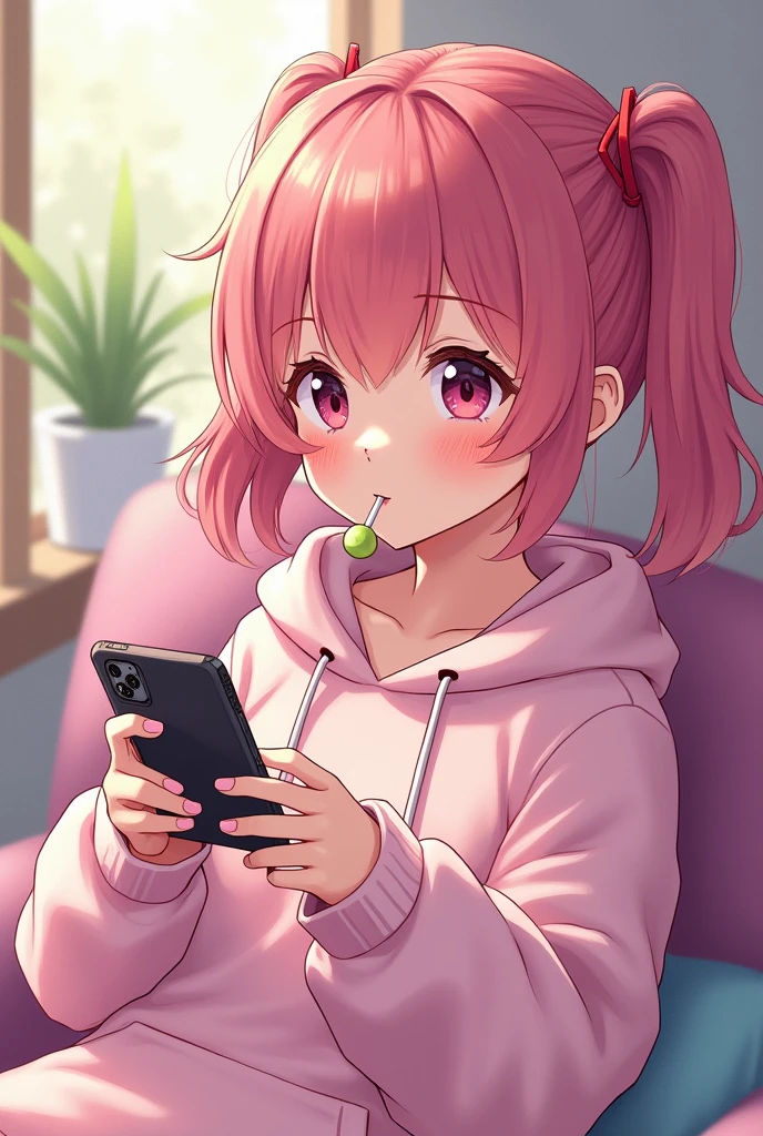 Anime girl gamer with twintails playing a game on her smartphone in landscape mode, eating a lollipop, wearing a pink hoodie with a cute hood