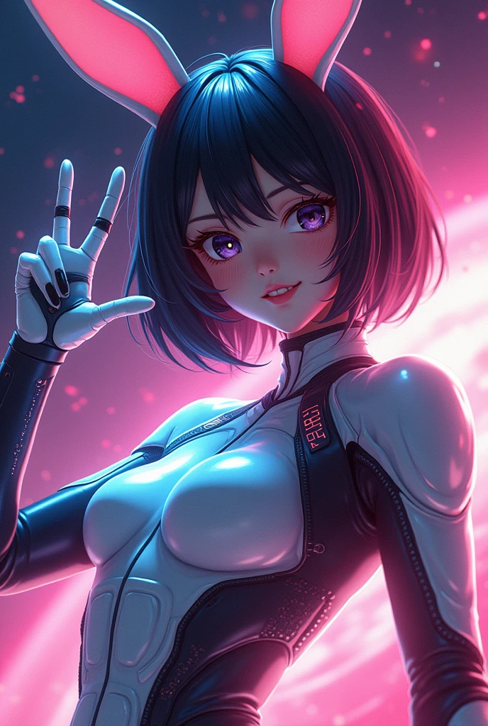 1girl, wink, short hair, dressed with futuristic suit, robotic rabbit ears ,v pose ,space in background, detail richness, masterpiece, best quality, explosion of flashy colors