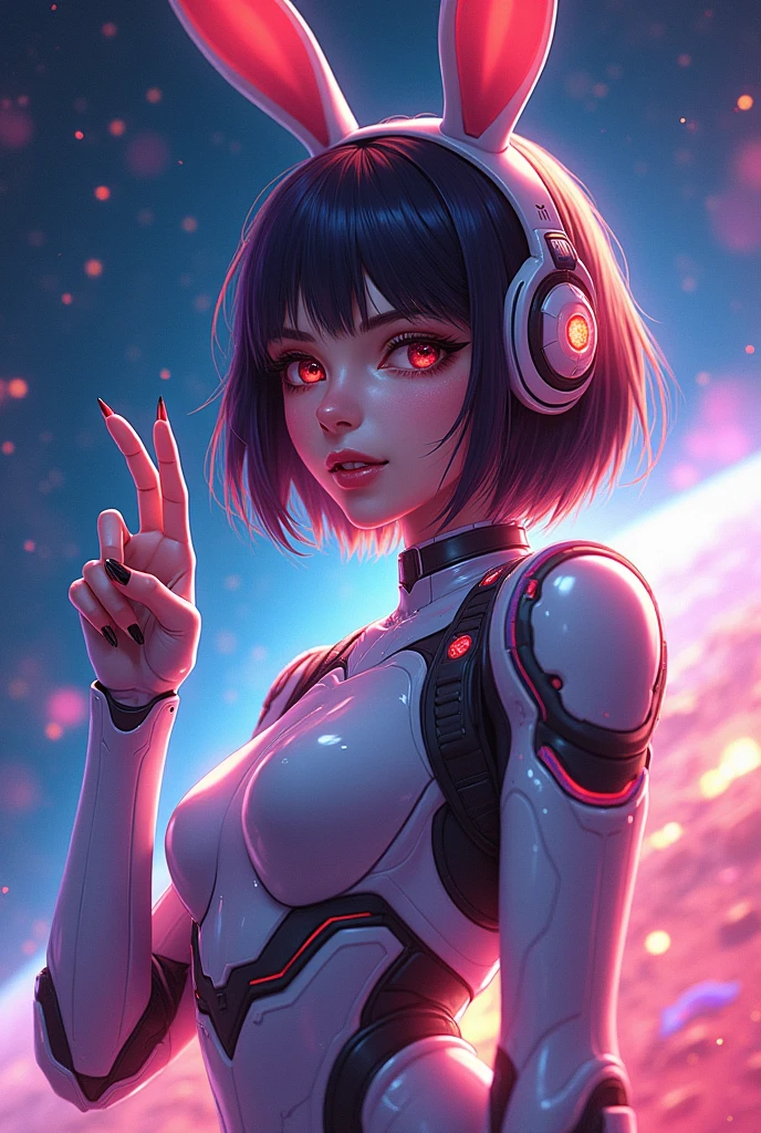 1girl, wink, short hair, dressed with futuristic suit, robotic rabbit ears ,v pose ,space in background, detail richness, masterpiece, best quality, explosion of flashy colors