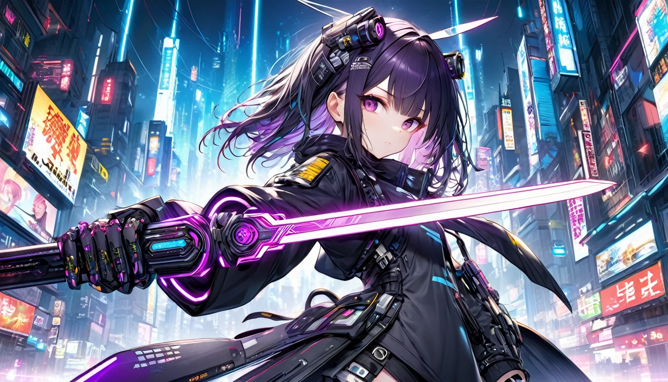 **269. One person。protector of the digital world。cyber punkな都市を守る。Cowboy shot or close-up。
masterpiece, best quality, ultra detailed (Detailed fingers), (Emotional), (Breathtakingly beautiful),
(main part: 1.2 Whole body。), (Anime Style), (Very detailed), (cyber punk),
(超High resolution, High resolution), (8k), (High resolution: 1.2), (Complex and beautiful: 1.2)**
- background: ネオンが輝くcyber punkな都市、futuristic scenery with holographic advertisements。
- Guardian: Young woman, around 18 years old、clad in digital armor、wielding a cyber sword。
-pose: Hovering above the city、the moment he stands ready to face the enemy with his cyber sword。
-expression: with a face full of strength and determination、a sense of determination to protect the city。
- Effects: digital energy emanating from the cyber sword and、effects of intersecting holographic lights。
-color: Neon blue and purple、color schemes symbolizing the atmosphere of a futuristic city。