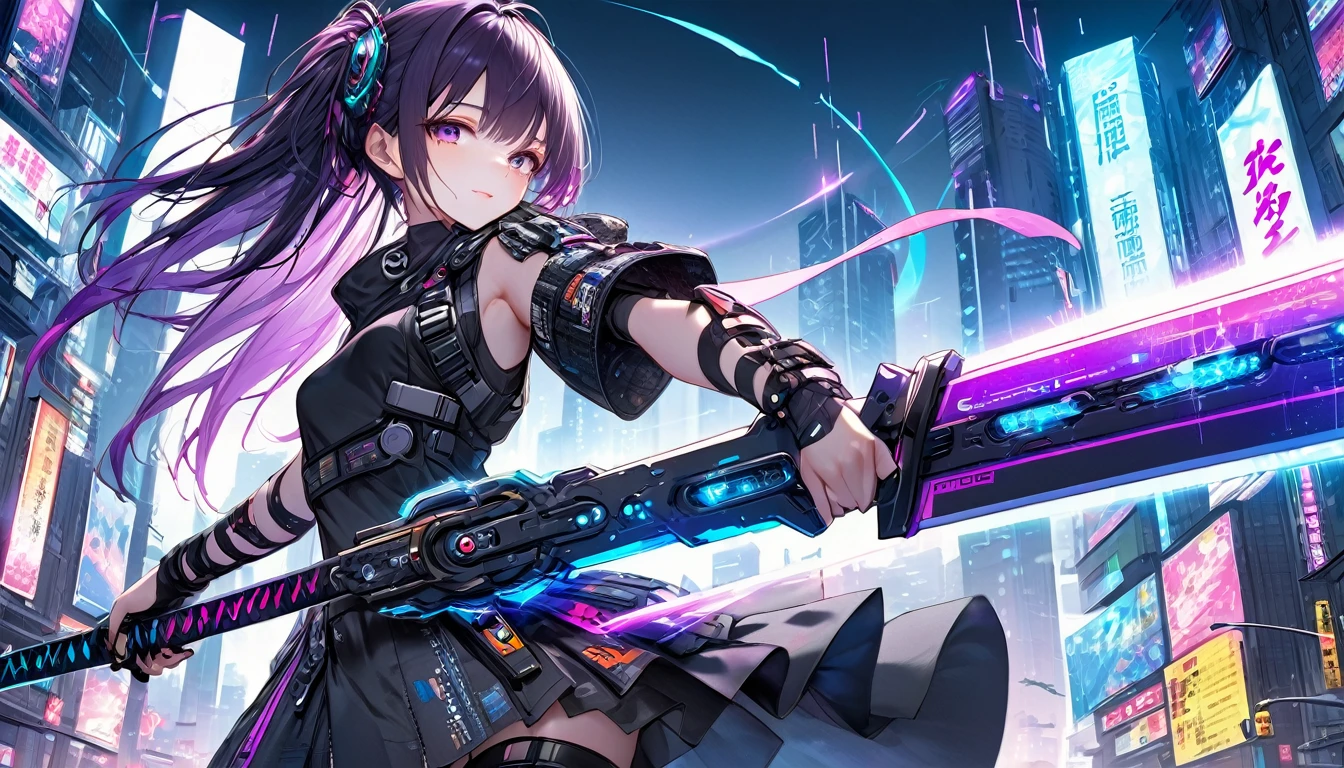 **269. One person。protector of the digital world。cyber punkな都市を守る。Cowboy shot or close-up。
masterpiece, best quality, ultra detailed (Detailed fingers), (Emotional), (Breathtakingly beautiful),
(main part: 1.2 Whole body。), (Anime Style), (Very detailed), (cyber punk),
(超High resolution, High resolution), (8k), (High resolution: 1.2), (Complex and beautiful: 1.2)**
- background: ネオンが輝くcyber punkな都市、futuristic scenery with holographic advertisements。
- Guardian: Young woman, around 18 years old、clad in digital armor、wielding a cyber sword。
-pose: Hovering above the city、the moment he stands ready to face the enemy with his cyber sword。
-expression: with a face full of strength and determination、a sense of determination to protect the city。
- Effects: digital energy emanating from the cyber sword and、effects of intersecting holographic lights。
-color: Neon blue and purple、color schemes symbolizing the atmosphere of a futuristic city。