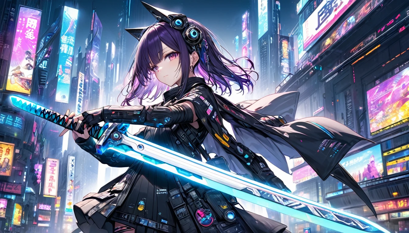 **269. One person。protector of the digital world。cyber punkな都市を守る。Cowboy shot or close-up。
masterpiece, best quality, ultra detailed (Detailed fingers), (Emotional), (Breathtakingly beautiful),
(main part: 1.2 Whole body。), (Anime Style), (Very detailed), (cyber punk),
(超High resolution, High resolution), (8k), (High resolution: 1.2), (Complex and beautiful: 1.2)**
- background: ネオンが輝くcyber punkな都市、futuristic scenery with holographic advertisements。
- Guardian: Young woman, around 18 years old、clad in digital armor、wielding a cyber sword。
-pose: Hovering above the city、the moment he stands ready to face the enemy with his cyber sword。
-expression: with a face full of strength and determination、a sense of determination to protect the city。
- Effects: digital energy emanating from the cyber sword and、effects of intersecting holographic lights。
-color: Neon blue and purple、color schemes symbolizing the atmosphere of a futuristic city。