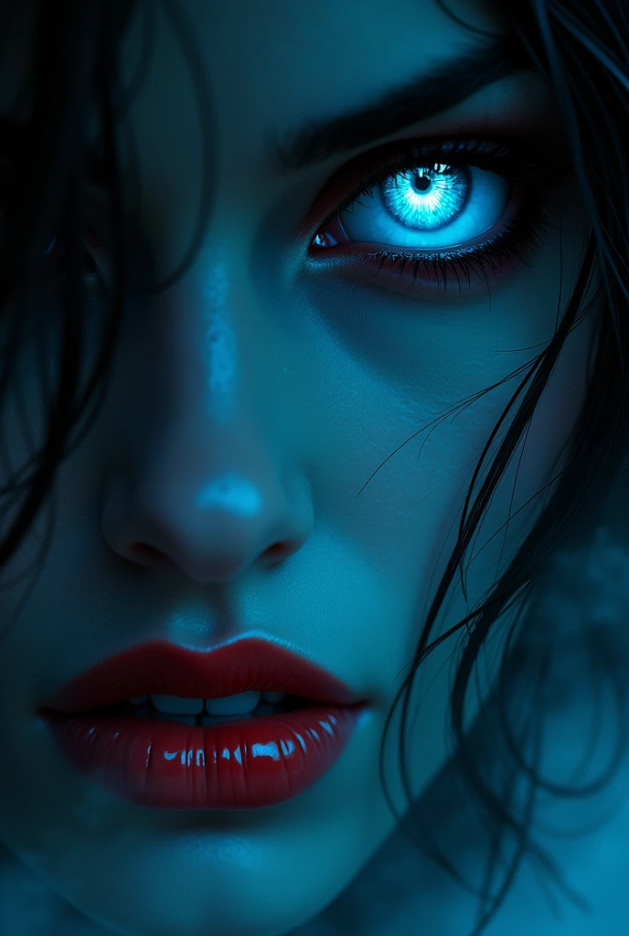 fantasy comic art ((a female vampire's pair of glowing blue eyes shines)) close up picture, (((the fog hides the face))), red lips, ((vampire fangs: 1.5)), (blood) you see only the glowing eyes , you see only the pair of eyes, fantasy dark alley background, the fog fills the alley, you see only the glowing eyes