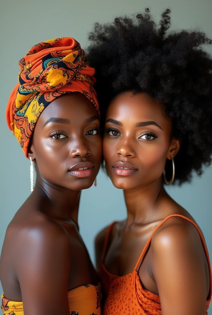 TWO BEAUTIFUL AFRICAN-COLOMBIAN WOMEN, ONE WITH A TURBAN AND THE OTHER WITH HER NATURAL AFRO, front facing photograph