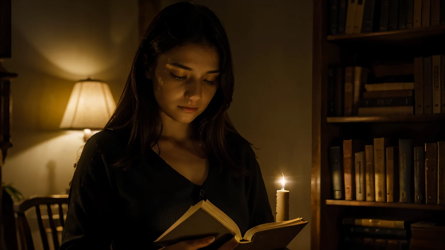 A woman reading an ancient book with yellowed pages, a supernatural glow emanating from it, dark environment with soft light highlighting her curious face, 16:9, magical realism style, enchanting atmosphere.