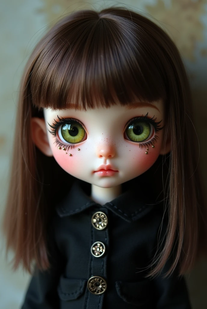 Create a doll with shoulder length chocolate browish hair, with a lot of ear silver piercings
She has green eyes with central heterachromia (around pupil is yellowish). She has a very light lithuanian like skin, a bit pale. Add more ear piercings, make her look more gothic. Also she doesn't have bangs because her hair are a bit longer. She's not asian. Stop with non realistic beauty standarts, her nose is a bit bigger, she's not an elf she's a human and give her another hairstyle. NO BANGS!