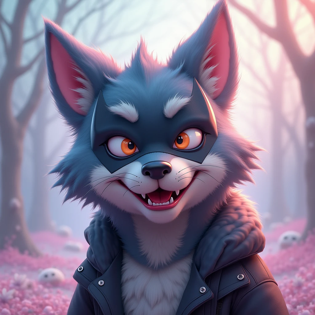 a whimsical caricature of an anthropomorphic werewolf wearing a Batman mask, soft pastel colors, ethereal punk atmosphere, Looney Tunes art style, cartoon character, digital art, character design, hyperrealistic, detailed portrait, highly detailed, 4k, 8k, photorealistic, masterpiece, best quality