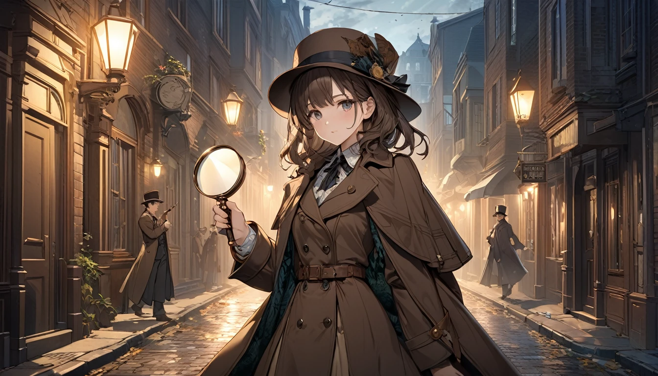**270. One person。Victorian detective。Solve the mystery。Cowboy shot or close-up。
masterpiece, best quality, ultra detailed (Detailed fingers), (Emotional), (Breathtakingly beautiful),
(main part: 1.2 Whole body。), (Anime Style), (Very detailed), (Victorian detective),
(超High resolution, High resolution), (8k), (High resolution: 1.2), (Complex and beautiful: 1.2)**
- background: Victorian cityscape、The mist-shrouded alleyway of the night。
- Detective: Young woman, around 18 years old、Wearing a Victorian-style coat and hat、Magnifying glass in hand。
-pose: Using a magnifying glass、The moment of walking cautiously while searching for clues。
-expression: A focused yet calm expression、A posture that conveys the determination to solve the mystery。
- Effects: The mist of the alleyway and the light of the streetlamps、Effects that emphasize the mysterious atmosphere。
-color: Dark brown and gold、Color scheme that symbolizes the Victorian atmosphere。