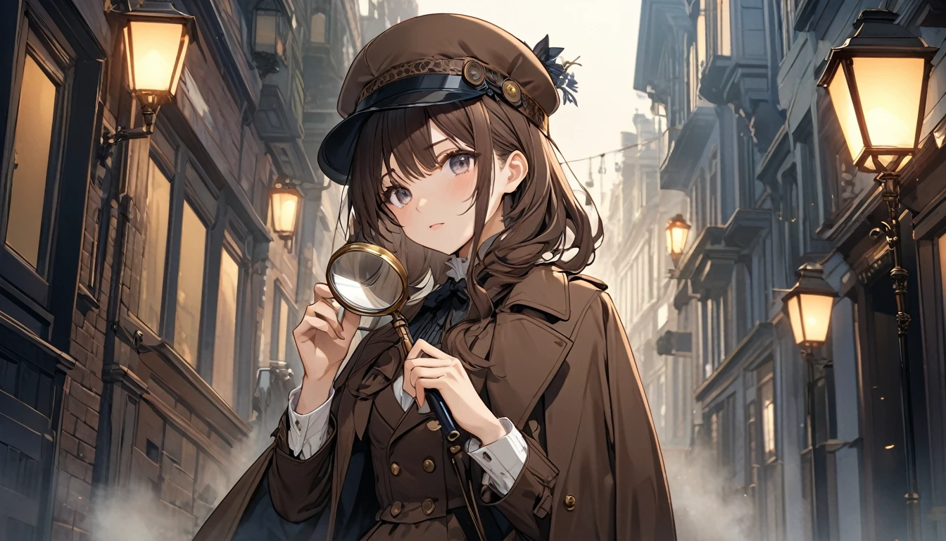 **270. One person。Victorian detective。Solve the mystery。Cowboy shot or close-up。  
masterpiece, best quality, ultra detailed (Detailed fingers), (Emotional), (Breathtakingly beautiful),  
(main part: 1.2 Whole body。), (Anime Style), (Very detailed), (Victorian detective),  
(超High resolution, High resolution), (8k), (High resolution: 1.2), (Complex and beautiful: 1.2)**
- background: Victorian cityscape、The mist-shrouded alleyway of the night。
- Detective: Young woman, around 18 years old、Wearing a Victorian-style coat and hat、Magnifying glass in hand。
-pose: Using a magnifying glass、The moment of walking cautiously while searching for clues。
-expression: A focused yet calm expression、A posture that conveys the determination to solve the mystery。
- Effects: The mist of the alleyway and the light of the streetlamps、Effects that emphasize the mysterious atmosphere。
-color: Dark brown and gold、Color scheme that symbolizes the Victorian atmosphere。
