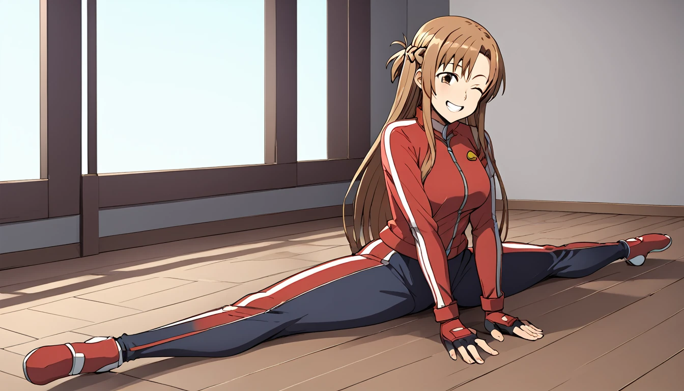 yuuki asuna, brown eyes, brown hair, long hair, bangs, braid, tracksuit, fingerless gloves, 1girl, solo, Sitting, On the floor, Split Horizon, stretch, horizontal splits, stretch regs, hands on floor, smile, one eye closed, grin