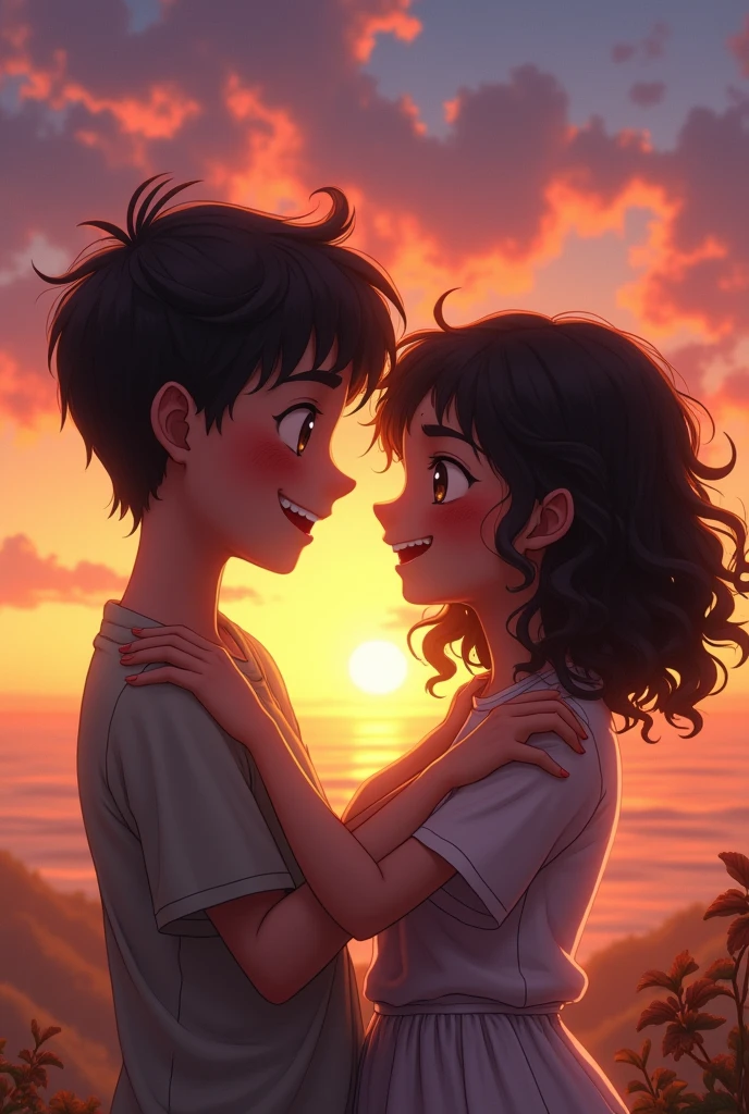 photorealism gave me anime, a boy with freckles and medium dark brown hair, with pointed fangs while smiling with a dark-skinned girl with curly hair half laughing with him and both of their red cheeks because they are in love in a beautiful sunset