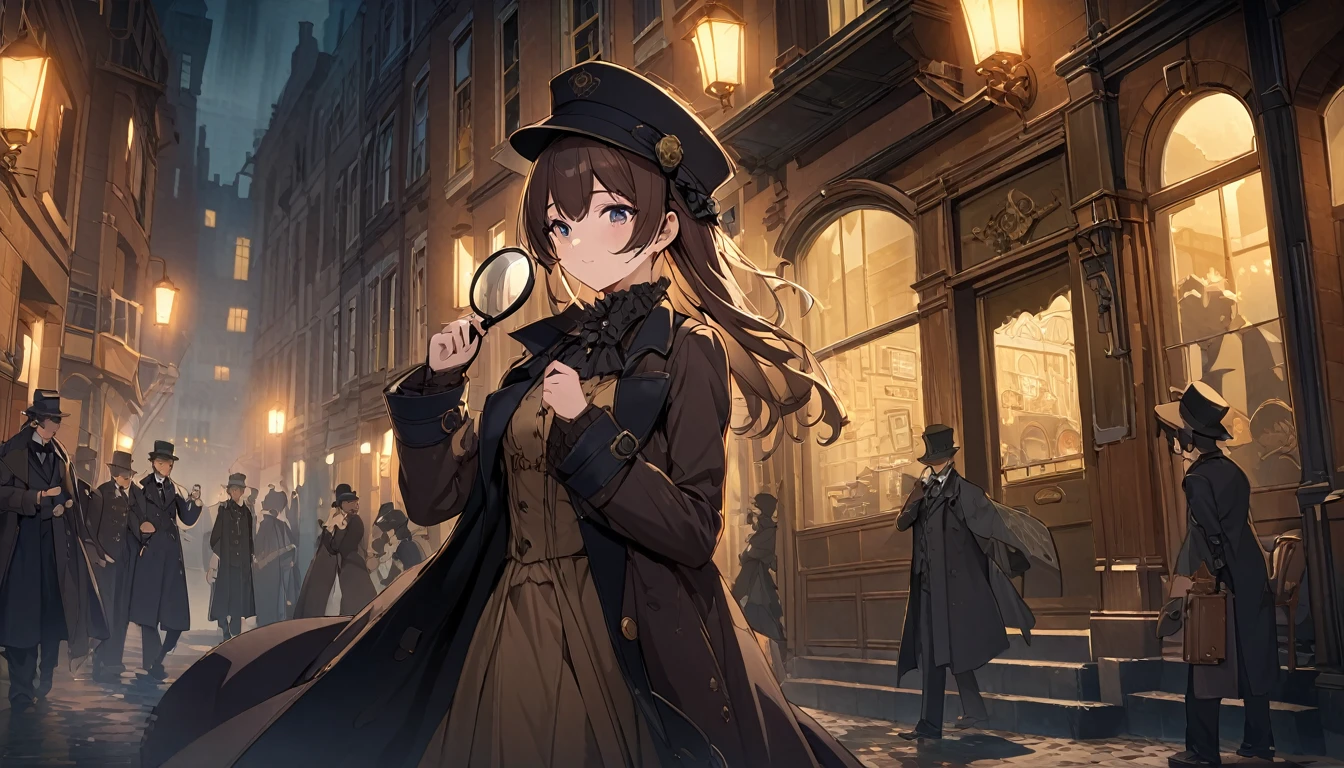 **270. One person。Victorian detective。Solve the mystery。Cowboy shot or close-up。  
masterpiece, best quality, ultra detailed (Detailed fingers), (Emotional), (Breathtakingly beautiful),  
(main part: 1.2 Whole body。), (Anime Style), (Very detailed), (Victorian detective),  
(超High resolution, High resolution), (8k), (High resolution: 1.2), (Complex and beautiful: 1.2)**
- background: Victorian cityscape、The mist-shrouded alleyway of the night。
- Detective: Young woman, around 18 years old、Wearing a Victorian-style coat and hat、Magnifying glass in hand。
-pose: Using a magnifying glass、The moment of walking cautiously while searching for clues。
-expression: A focused yet calm expression、A posture that conveys the determination to solve the mystery。
- Effects: The mist of the alleyway and the light of the streetlamps、Effects that emphasize the mysterious atmosphere。
-color: Dark brown and gold、Color scheme that symbolizes the Victorian atmosphere。
