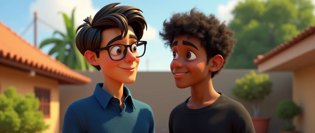 (two characters) of male animated film in the Disney Pixar style, high qualiy, best qualityer , black wool sweater blue shirt , Wear nerd glasses,  , long hair , another character,  beautiful face brown skin, curly hair straight short , beautiful eyebrow , wears black shirt , two boys are talking together , they are together in the backyard of a house in Brazil, 2 friendly characters