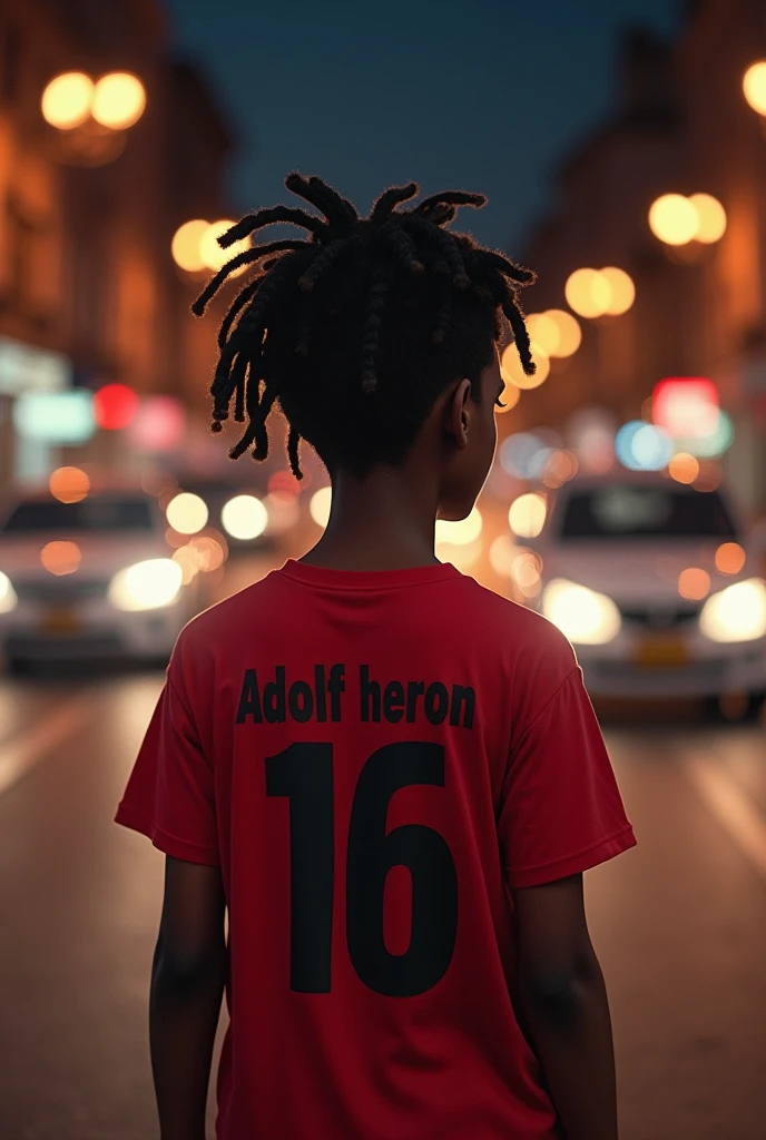 An African boy having dreads wearing a red shirt written Adolf heroin 16 behind of the shirt
standing on the street at night while cars are moving