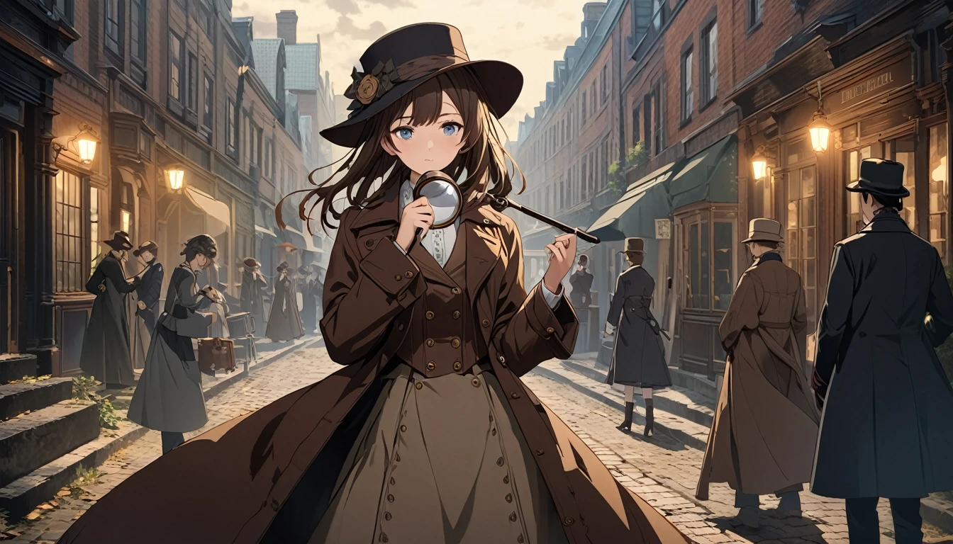 **270. One person。Victorian detective。Solve the mystery。Cowboy shot or close-up。  
masterpiece, best quality, ultra detailed (Detailed fingers), (Emotional), (Breathtakingly beautiful),  
(main part: 1.2 Whole body。), (Anime Style), (Very detailed), (Victorian detective),  
(超High resolution, High resolution), (8k), (High resolution: 1.2), (Complex and beautiful: 1.2)**
- background: Victorian cityscape、The mist-shrouded alleyway of the night。
- Detective: Young woman, around 18 years old、Wearing a Victorian-style coat and hat、Magnifying glass in hand。
-pose: Using a magnifying glass、The moment of walking cautiously while searching for clues。
-expression: A focused yet calm expression、A posture that conveys the determination to solve the mystery。
- Effects: The mist of the alleyway and the light of the streetlamps、Effects that emphasize the mysterious atmosphere。
-color: Dark brown and gold、Color scheme that symbolizes the Victorian atmosphere。
