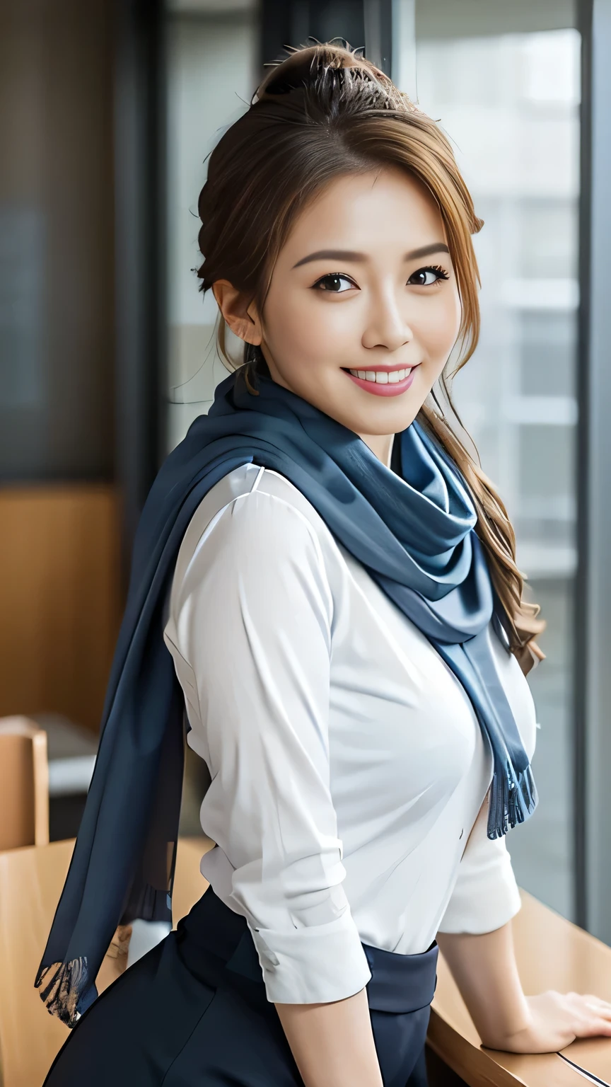 Highest quality, High resolution, realism, Original photo, 8k wallpaper, Perfect perfection, Professional Lighting, Very detailed, beautiful woman with depth of field)), Front view、A photo showing the crotch to the head、((A 30-year-old neat and tidy female teacher)), ((Decent receptionist)), ((Smiling at the audience)), Detailed face, Beautiful Eyes, beautiful medium-sized breasts、Wide ass、Good style, (Sexy look), Her very light brown hair was pulled back in a bun on her head., (Thick lips), Grey Chanel-style uniform、((Wearing a blue scarf))、