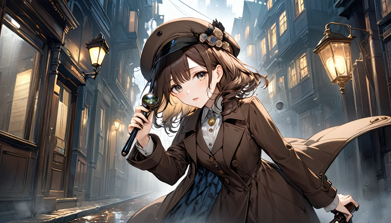 **270. One person。Victorian detective。Solve the mystery。Cowboy shot or close-up。
masterpiece, best quality, ultra detailed (Detailed fingers), (Emotional), (Breathtakingly beautiful),
(main part: 1.2 Whole body。), (Anime Style), (Very detailed), (Victorian detective),
(超High resolution, High resolution), (8k), (High resolution: 1.2), (Complex and beautiful: 1.2)**
- background: Victorian cityscape、The mist-shrouded alleyway of the night。
- Detective: Young woman, around 18 years old、Wearing a Victorian-style coat and hat、Magnifying glass in hand。
-pose: Using a magnifying glass、The moment of walking cautiously while searching for clues。
-expression: A focused yet calm expression、A posture that conveys the determination to solve the mystery。
- Effects: The mist of the alleyway and the light of the streetlamps、Effects that emphasize the mysterious atmosphere。
-color: Dark brown and gold、Color scheme that symbolizes the Victorian atmosphere。