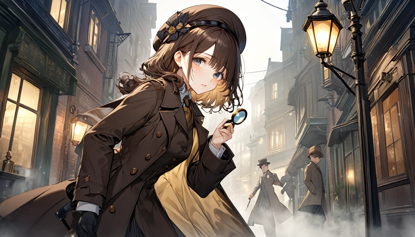 **270. One person。Victorian detective。Solve the mystery。Cowboy shot or close-up。
masterpiece, best quality, ultra detailed (Detailed fingers), (Emotional), (Breathtakingly beautiful),
(main part: 1.2 Whole body。), (Anime Style), (Very detailed), (Victorian detective),
(超High resolution, High resolution), (8k), (High resolution: 1.2), (Complex and beautiful: 1.2)**
- background: Victorian cityscape、The mist-shrouded alleyway of the night。
- Detective: Young woman, around 18 years old、Wearing a Victorian-style coat and hat、Magnifying glass in hand。
-pose: Using a magnifying glass、The moment of walking cautiously while searching for clues。
-expression: A focused yet calm expression、A posture that conveys the determination to solve the mystery。
- Effects: The mist of the alleyway and the light of the streetlamps、Effects that emphasize the mysterious atmosphere。
-color: Dark brown and gold、Color scheme that symbolizes the Victorian atmosphere。