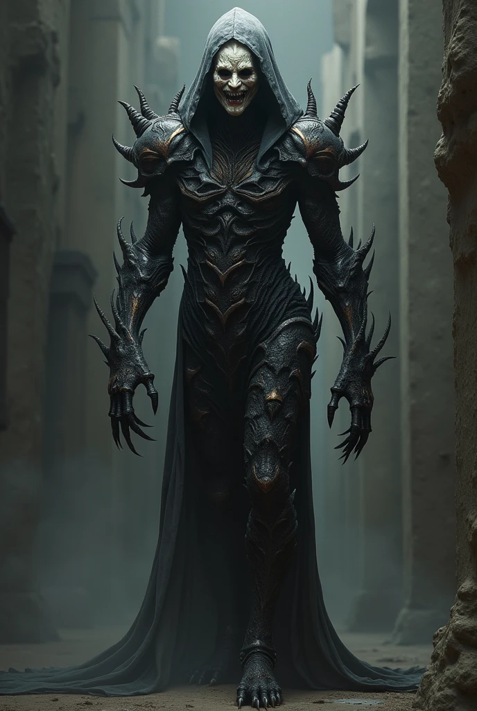 a monster with a body covered by a network of varied masks, each expressing different emotions and aspects of personality and the masks rearrange themselves in a disturbing way, with claws, slightly feminine appearance, long and curvy body, armor covering the entire body, wears a type of hood on the main mask of the face
