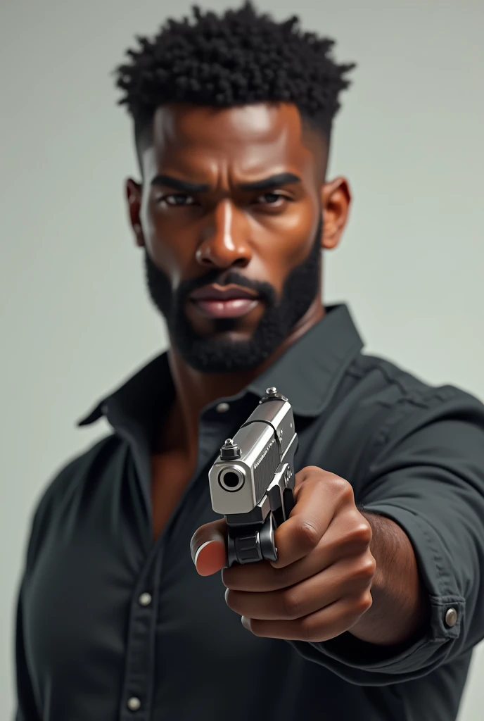 Create a young Black character with a beard holding a gun.