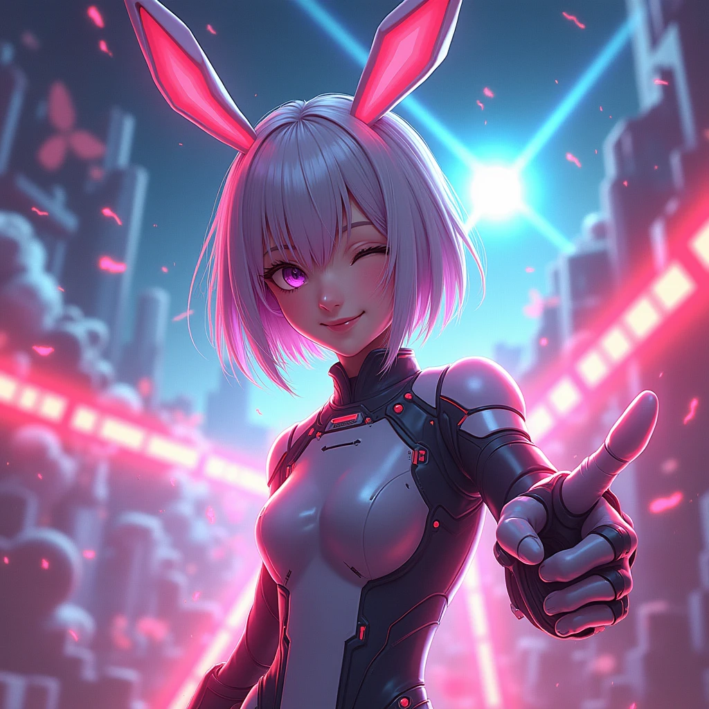 1girl, wink, short hair, dressed with futuristic suit, robotic rabbit ears ,v pose ,space in background, detail richness, masterpiece, best quality, explosion of flashy colors